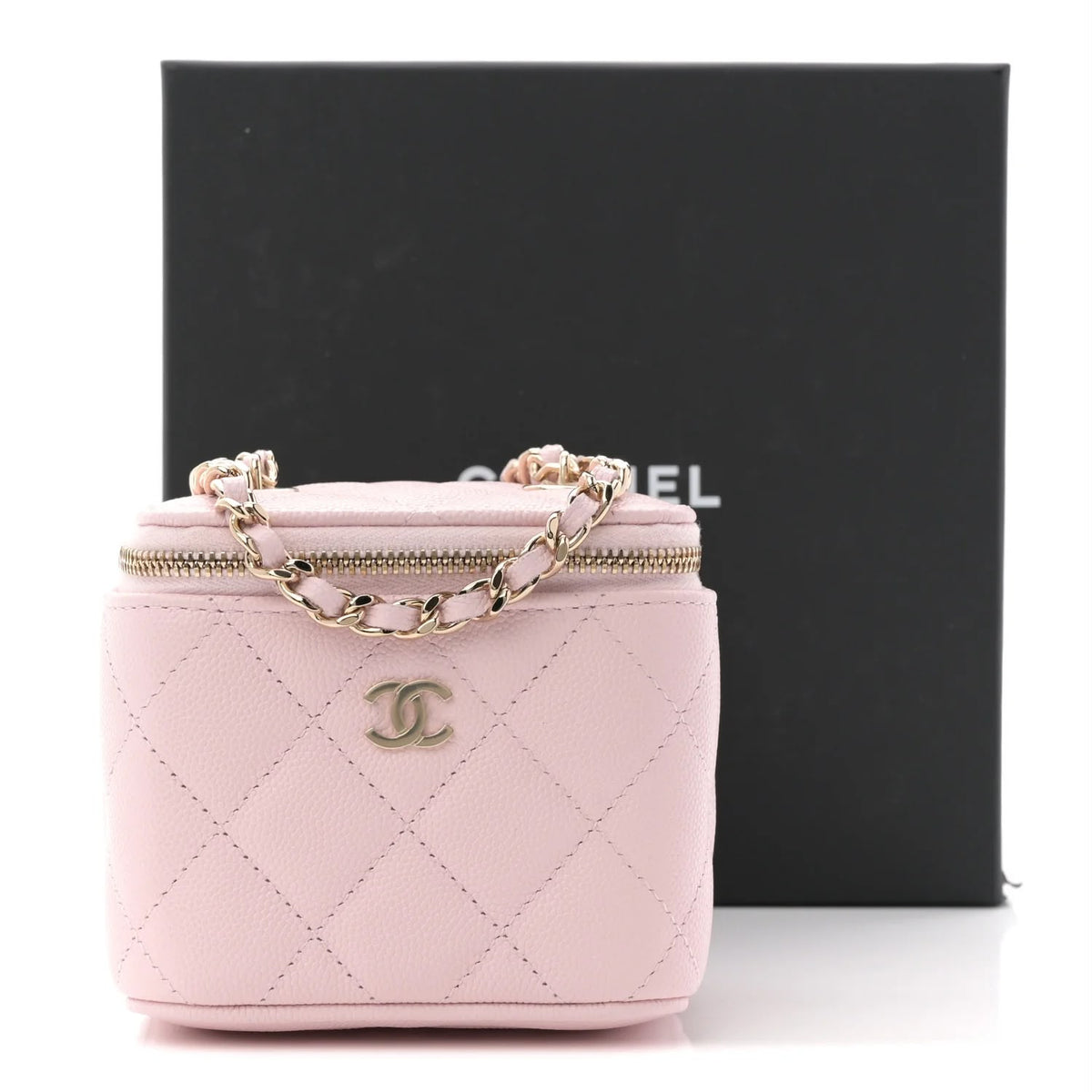 Lambskin Quilted Mini Pearl Crush Vanity Case With Chain